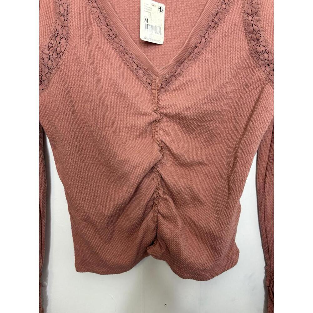 Free People Shirt Womens Medium Thermal Mesh Long Sleeve Ruched Ballet Rose - Picture 4 of 9
